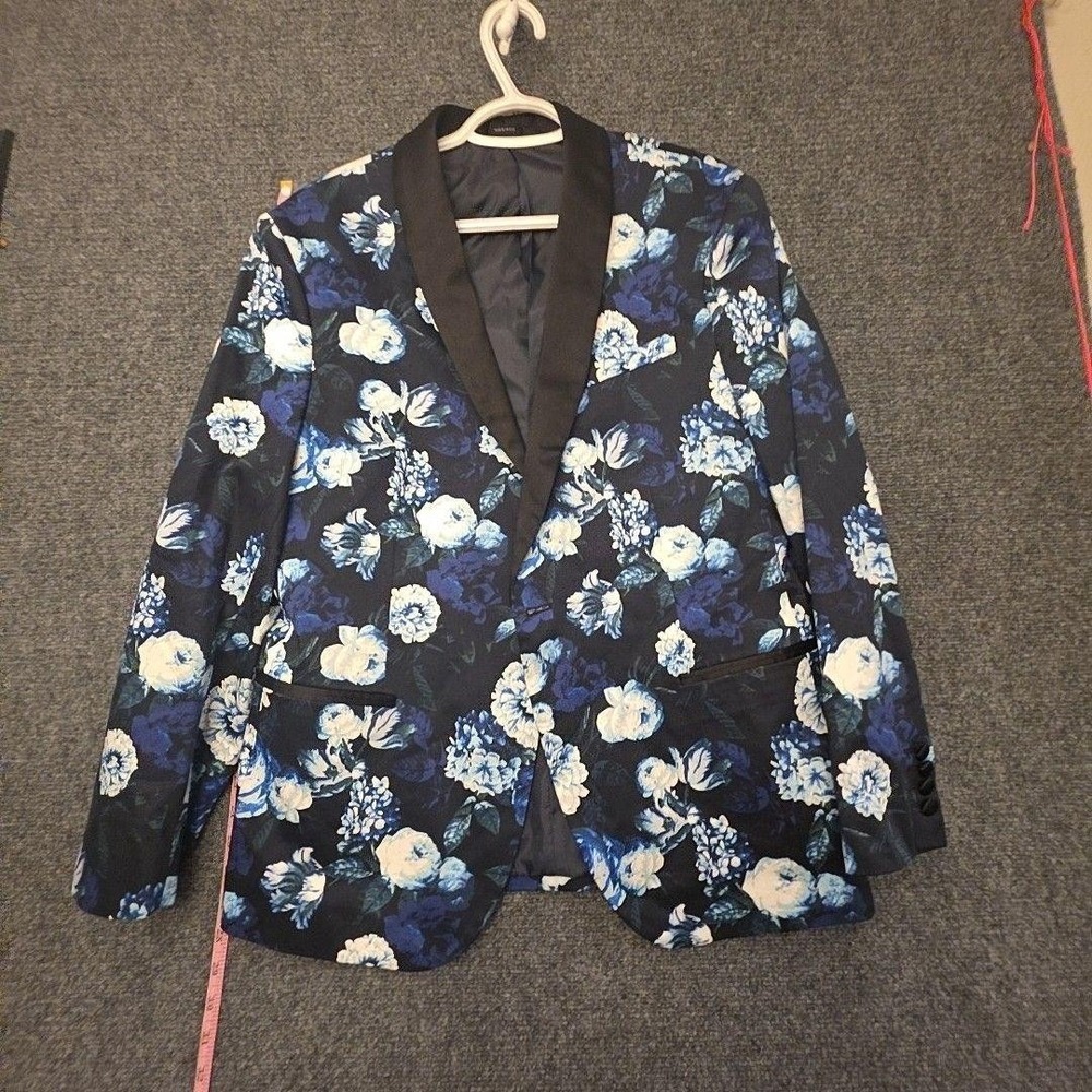 J. Ferrar Suit Jacket Mens 42S Blue Floral Cotton Tuxedo Shawl Lapel Slim Formal